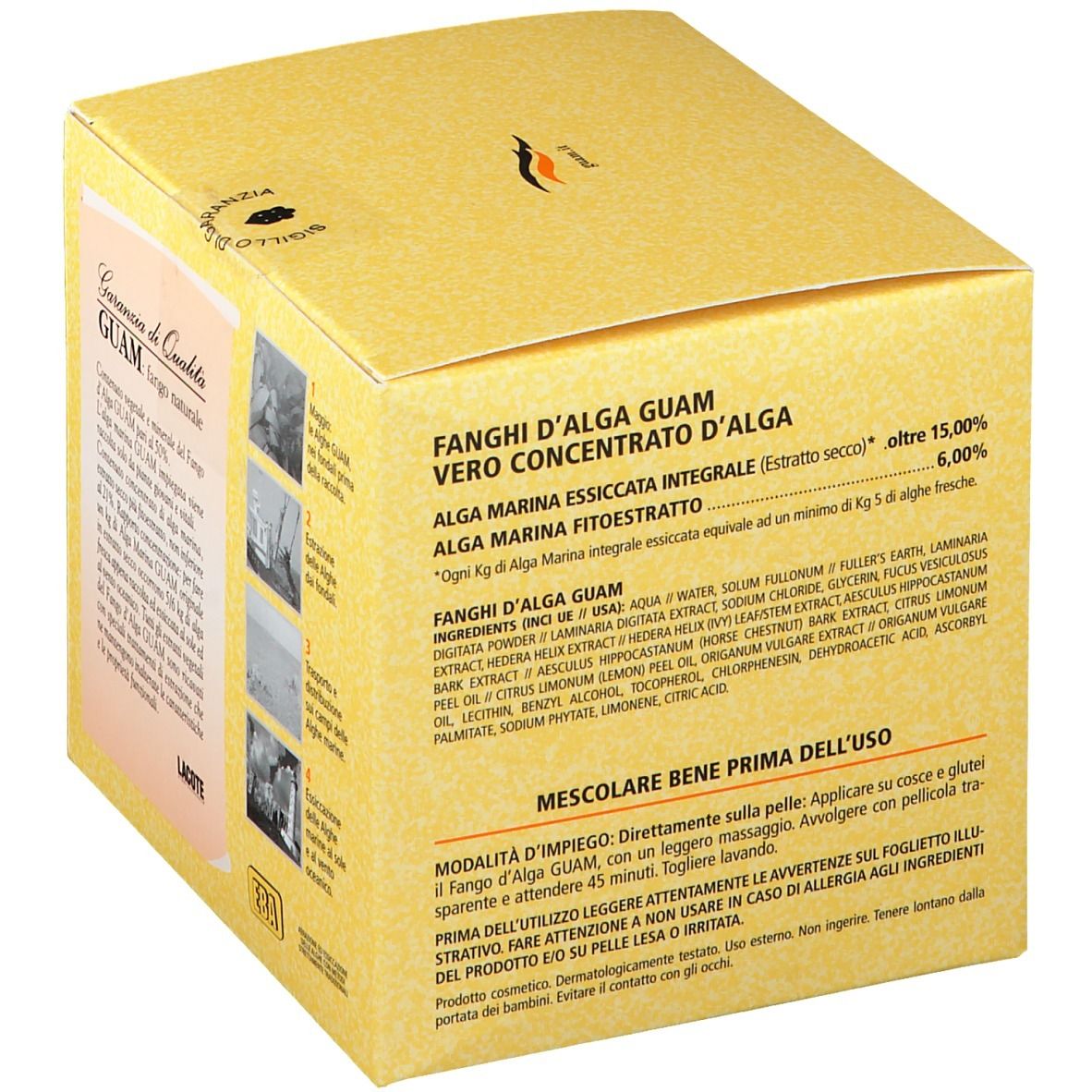 Scatola beige. Scritta: GUAM Algenschlamm-Cellulite. Testo in italiano. Elenco degli ingredienti.
