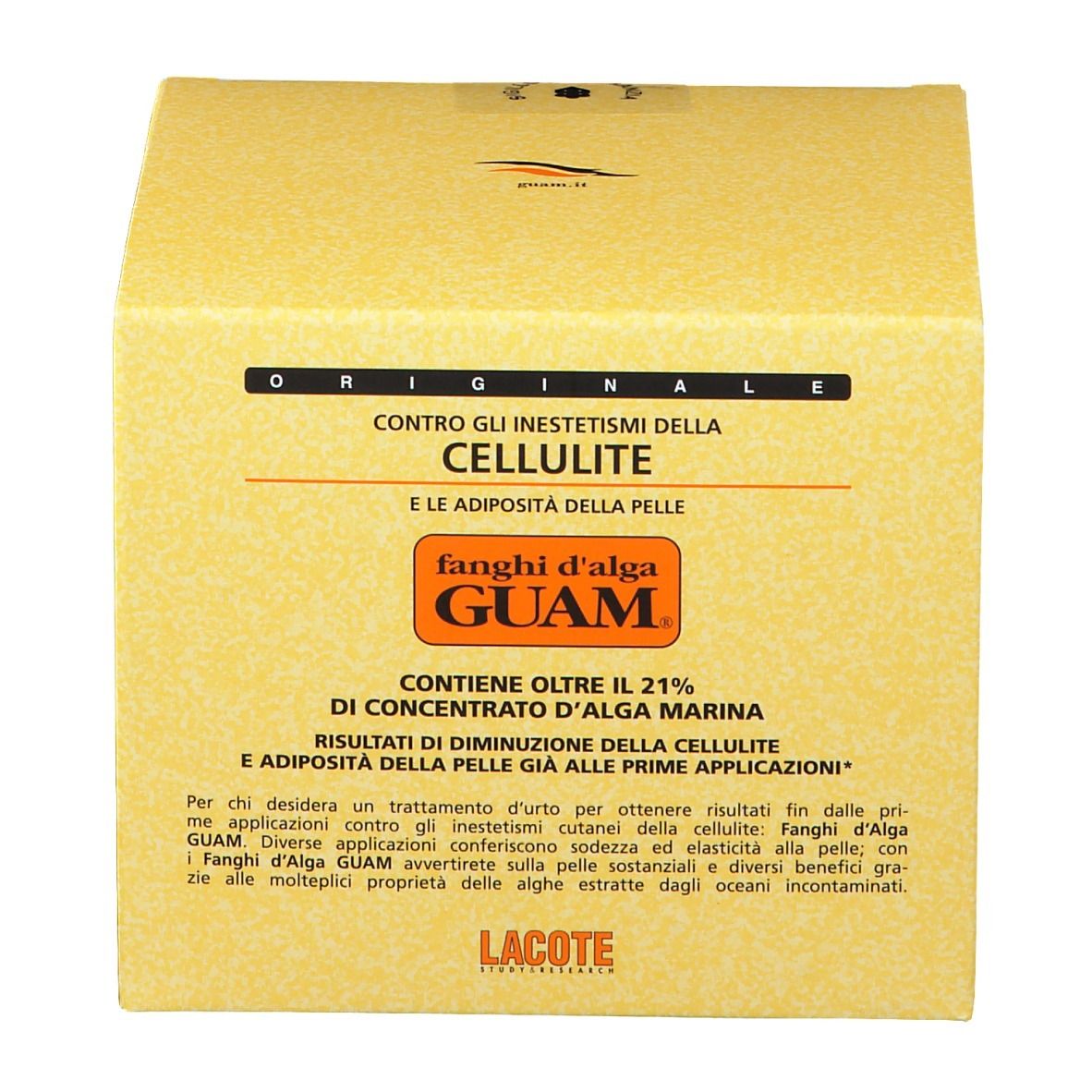 Scatola beige. Scritta: GUAM Algenschlamm-Cellulite. Testo in italiano. Informazioni sul prodotto.