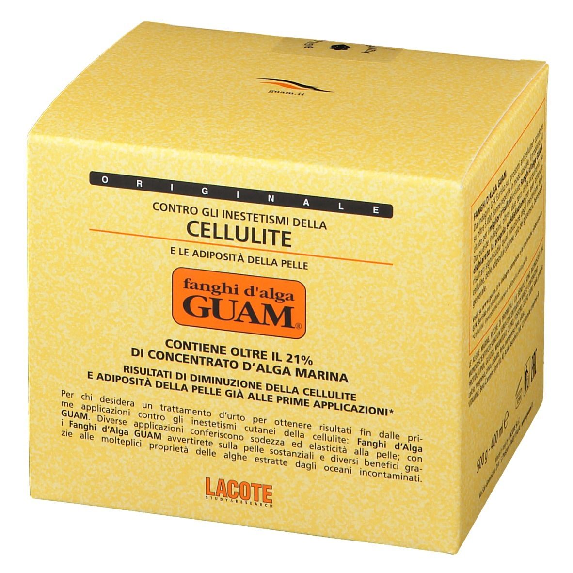 Scatola beige. Scritta: GUAM Algenschlamm-Cellulite. Testo in italiano. Informazioni sul prodotto.