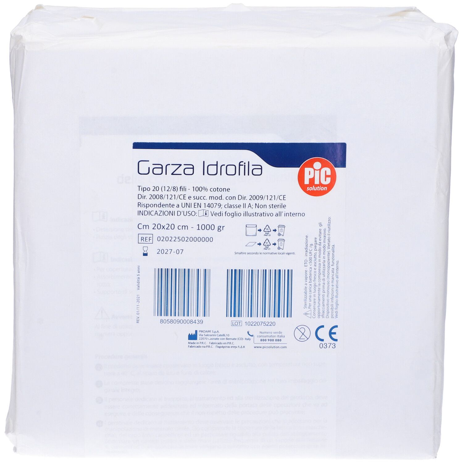 Confezione di garze. Stampa con nome del prodotto, marchio PIC, dimensioni, peso e marchio CE.