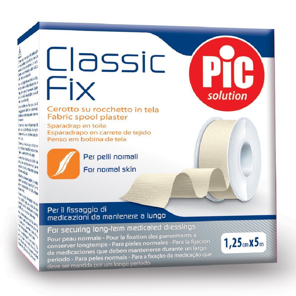 Confezione di cerotto Classic Fix. Rotolo di tela adesiva, 1,25x5m. Per pelli normali. Logo PIC.