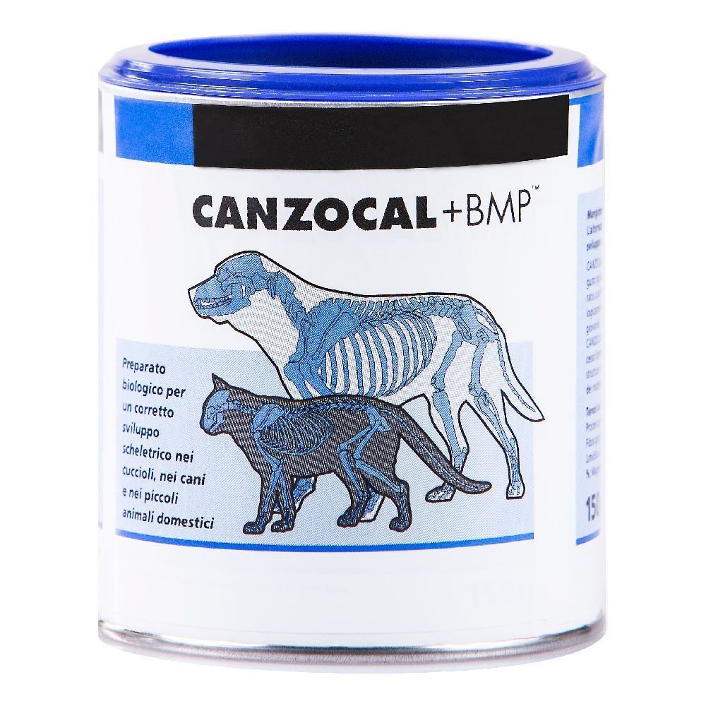 Barattolo con coperchio blu. Scritta CANZOCAL+BMP. Illustrazione di scheletro di cane e gatto. Testo in italiano.