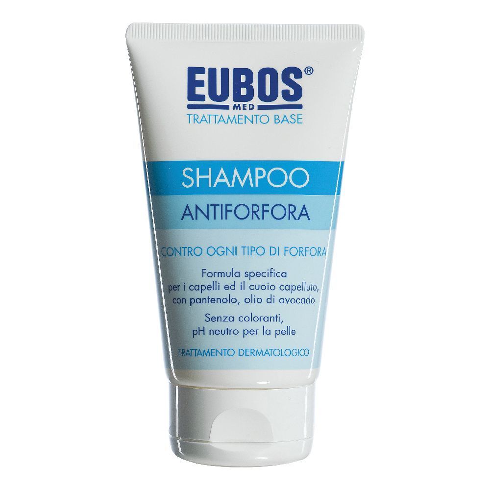 Tubo bianco-blu. Testo: Eubos, Shampoo Antiforfora. Trattamento antiforfora. Dermatologicamente testato.