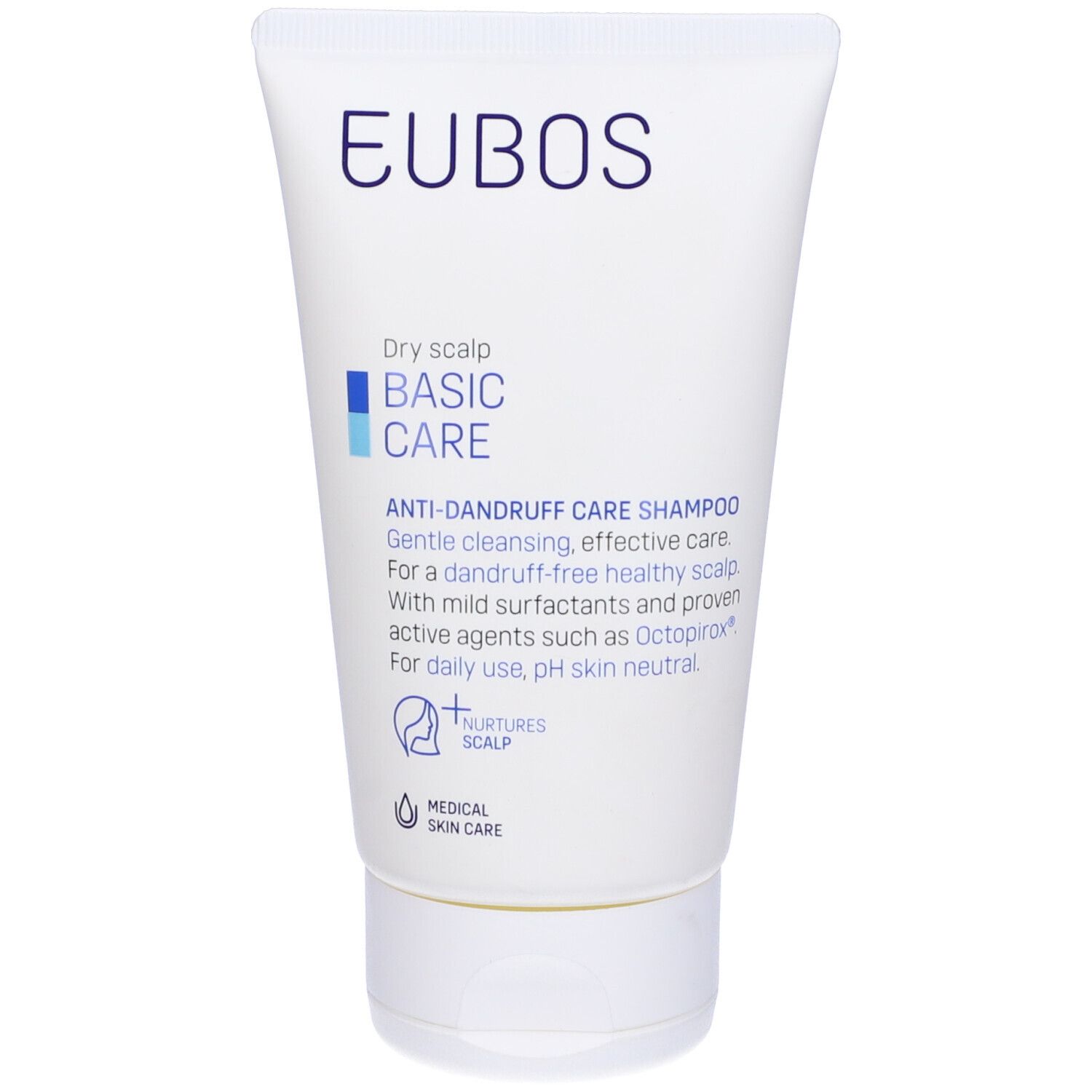 Tubo bianco. Testo: Eubos, Basic Care, Shampoo anti-forfora. Per cuoio capelluto secco. Tollerabilità cutanea testata.