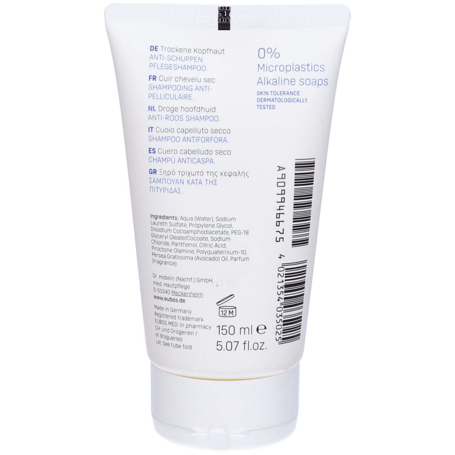 Retro di un tubo bianco. Testo: 0% microplastiche, saponi alcalini. Ingredienti, 150 ml, 5.07 fl.oz.