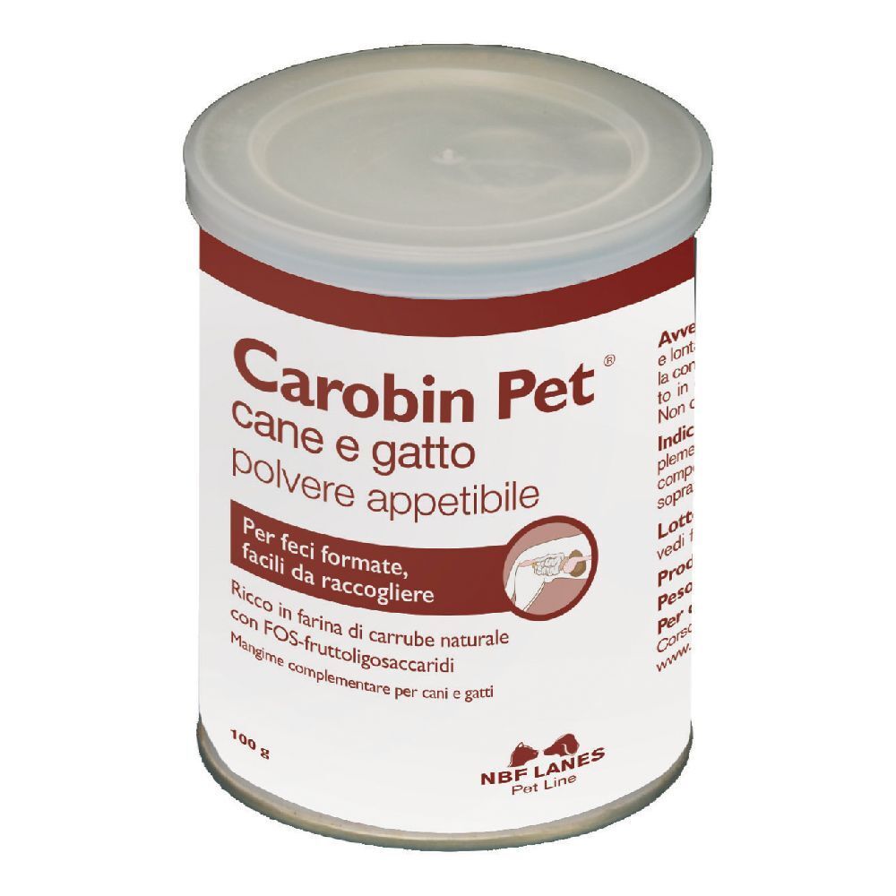 Barattolo Carobin Pet, marrone e bianco. Testo: cane e gatto, polvere appetibile. NBF Lanes Pet Line. 100 g.