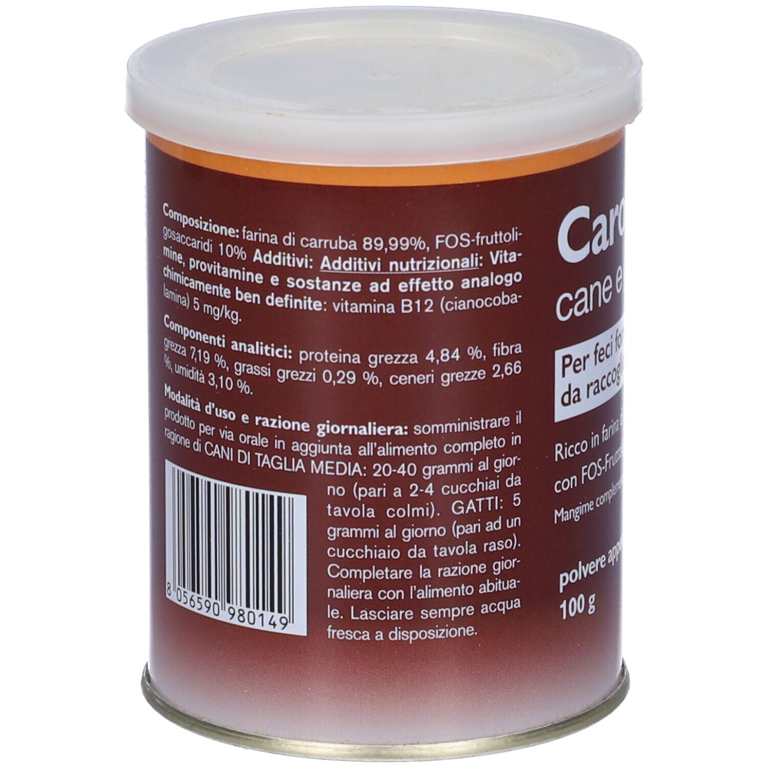 Barattolo Carobin Pet, marrone e bianco. Testo: cane e gatto, polvere appetibile. Retro con testo e codice a barre.