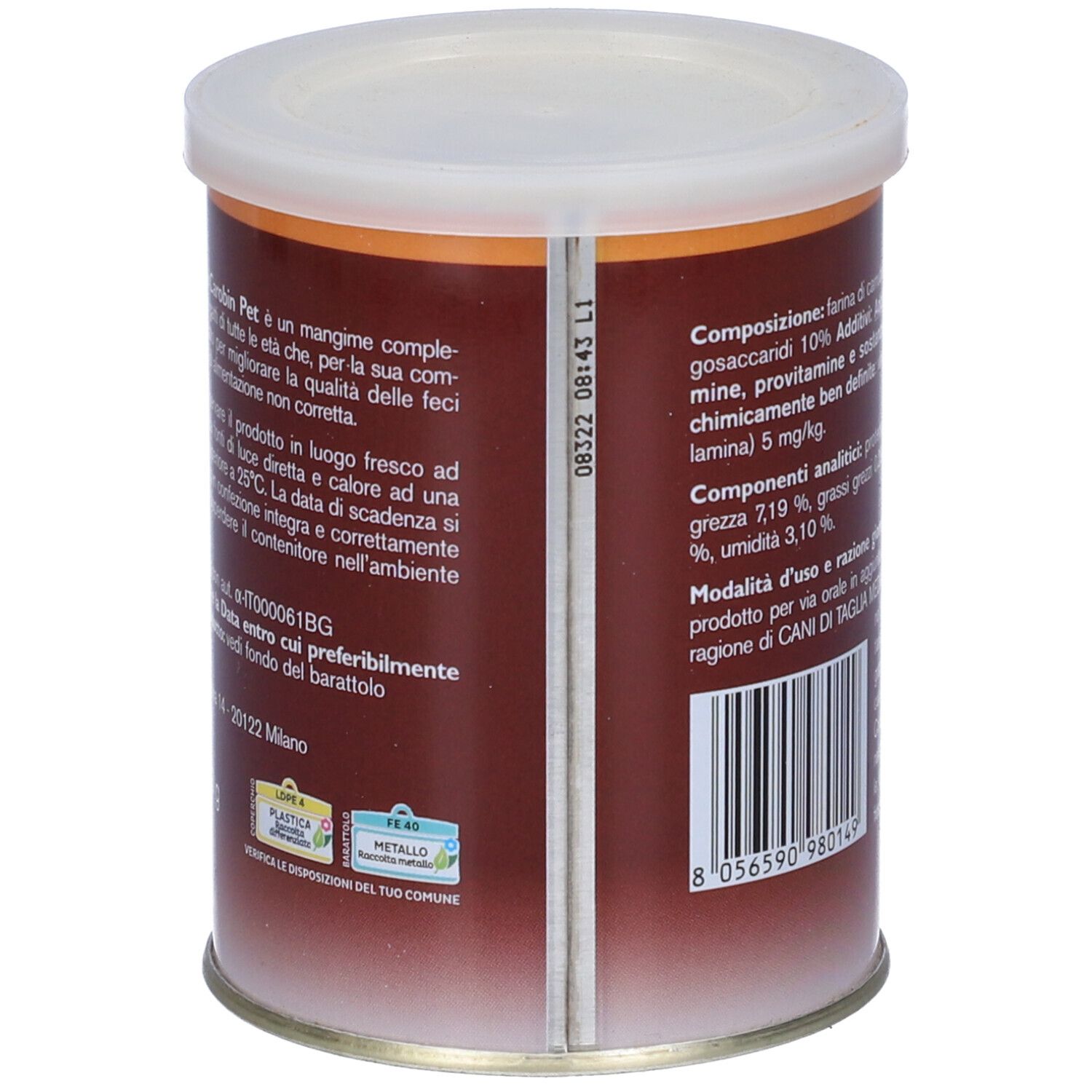 Barattolo Carobin Pet, marrone e bianco. Testo: cane e gatto, polvere appetibile. Retro con testo e codice a barre.