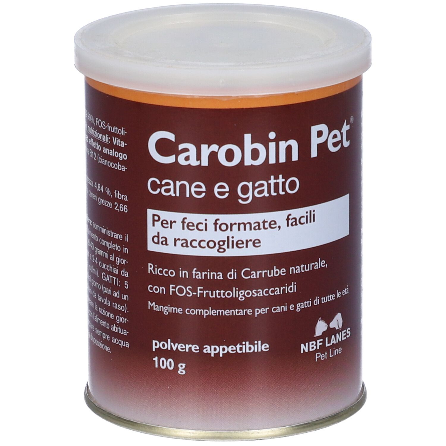 Barattolo Carobin Pet, marrone e bianco. Testo: cane e gatto, polvere appetibile. NBF Lanes Pet Line. 100 g.