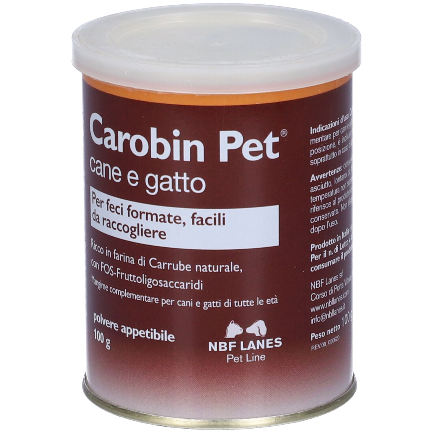 Barattolo Carobin Pet, marrone e bianco. Testo: cane e gatto, polvere appetibile. NBF Lanes Pet Line. 100 g.