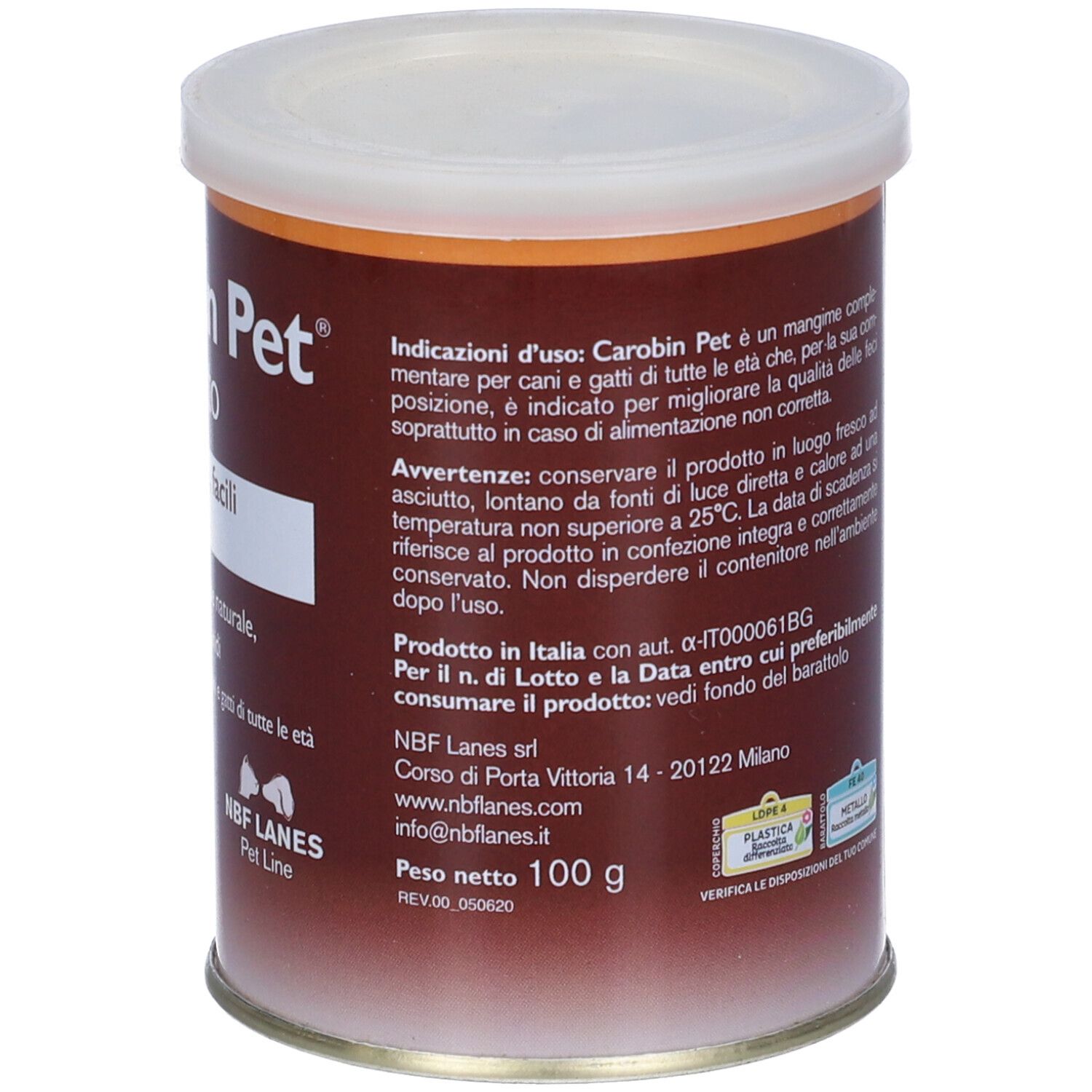Barattolo Carobin Pet, marrone e bianco. Testo: cane e gatto, polvere appetibile. Retro con testo e codice a barre.