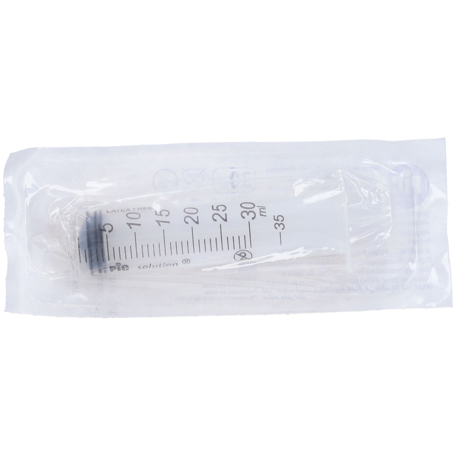 Siringa in confezione trasparente. Scala nera con misure fino a 35 ml.