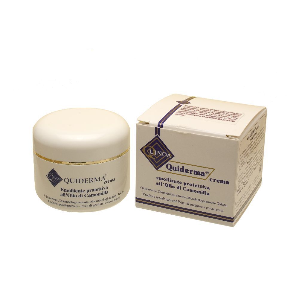 Vaso e scatola di crema. Scritta: Quiderma, crema emolliente protettiva all'Olio di Camomilla.