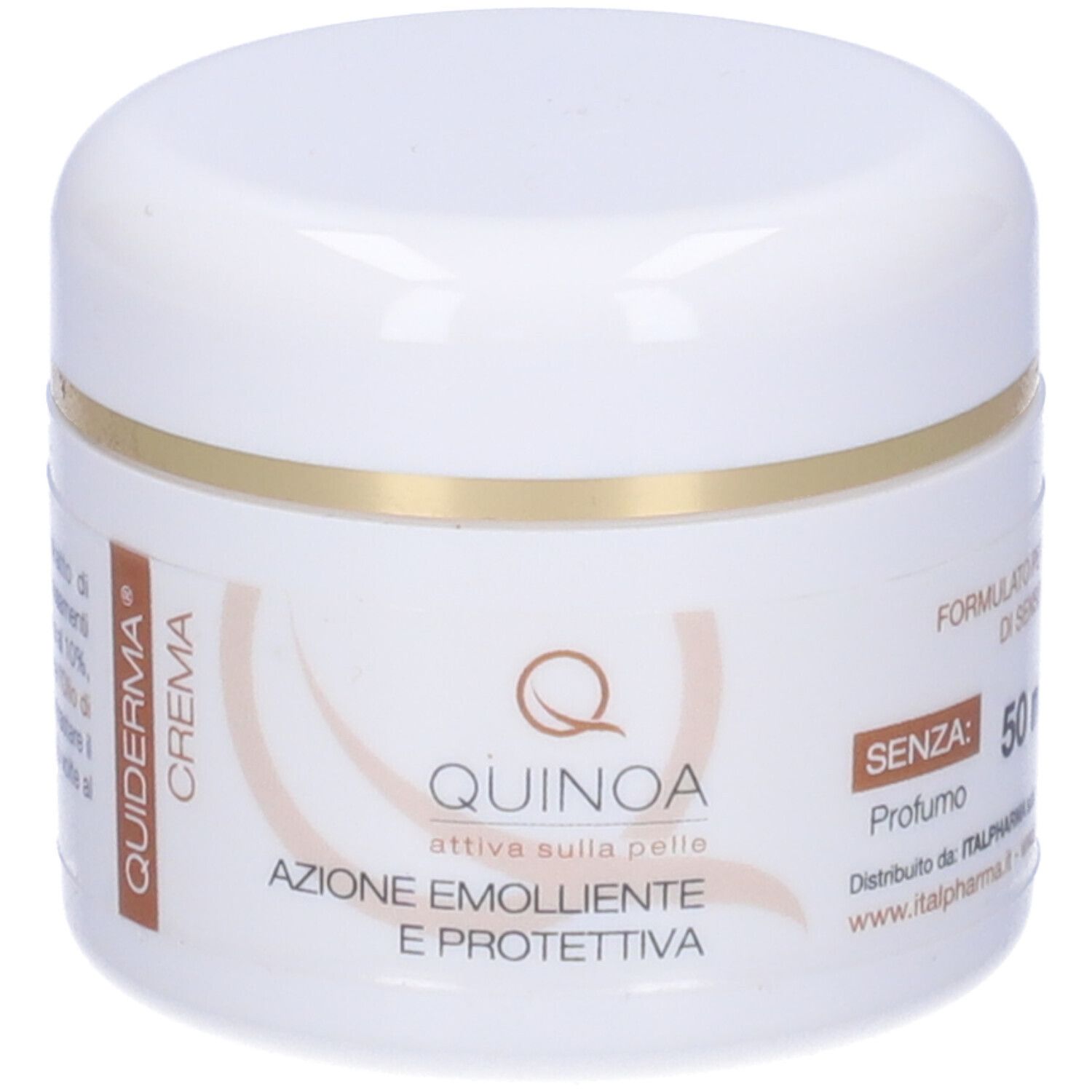 Vaso di crema bianco con bordo dorato. Scritta: Quinoa, Azione emolliente e protettiva. Senza profumo.