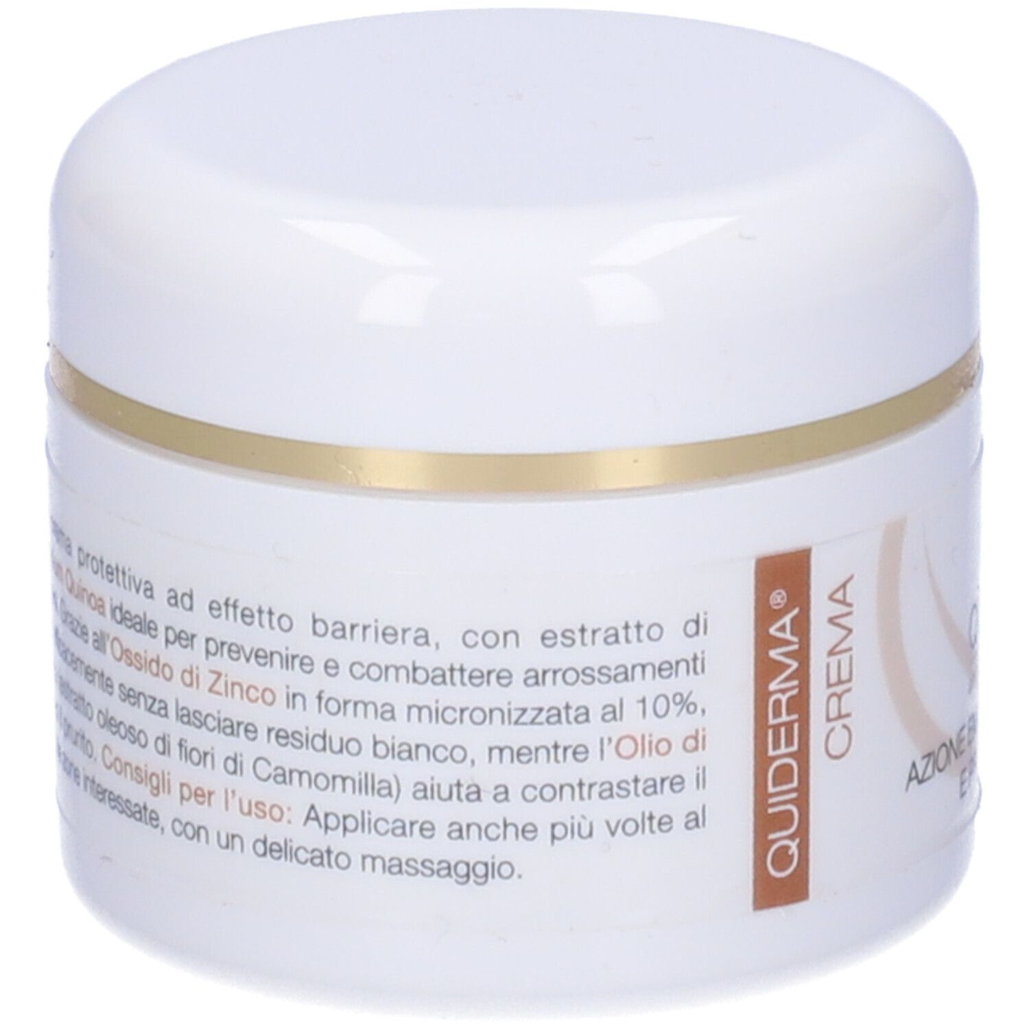 Vaso di crema bianco con bordo dorato. Scritta: Quiderma Crema. Testo: Azione emolliente e protettiva.
