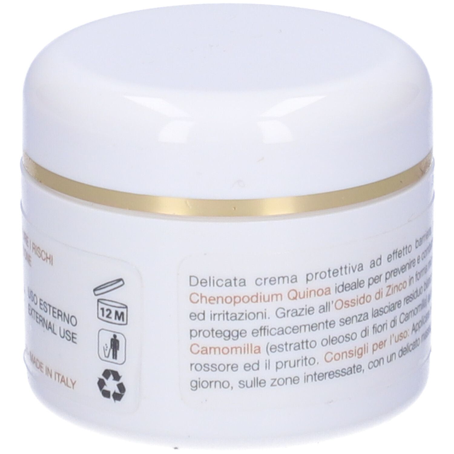 Vaso di crema bianco con bordo dorato. Scritta: Quiderma Crema. Testo: Azione emolliente e protettiva.