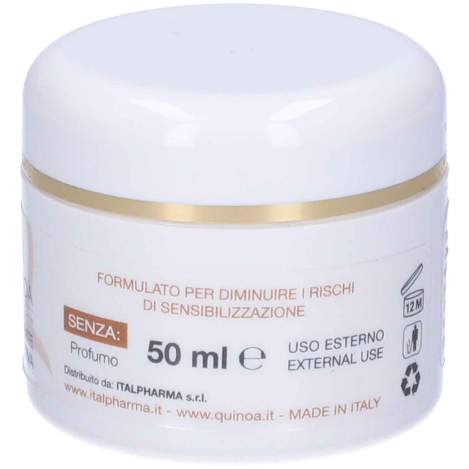 Vaso di crema bianco con bordo dorato. Scritta: Quinoa, Azione emolliente e protettiva. Senza profumo, 50 ml.