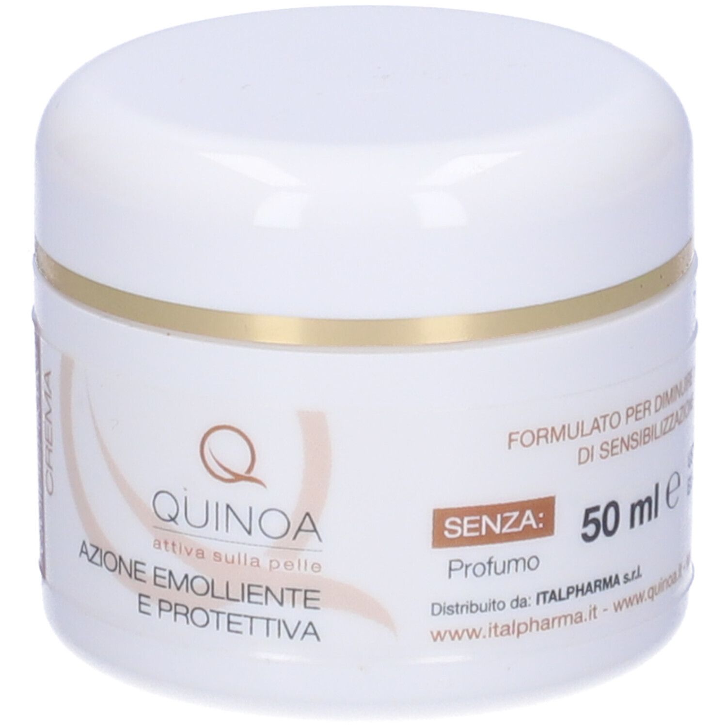 Vaso di crema bianco con bordo dorato. Scritta: Quinoa, Azione emolliente e protettiva. Senza profumo, 50 ml.