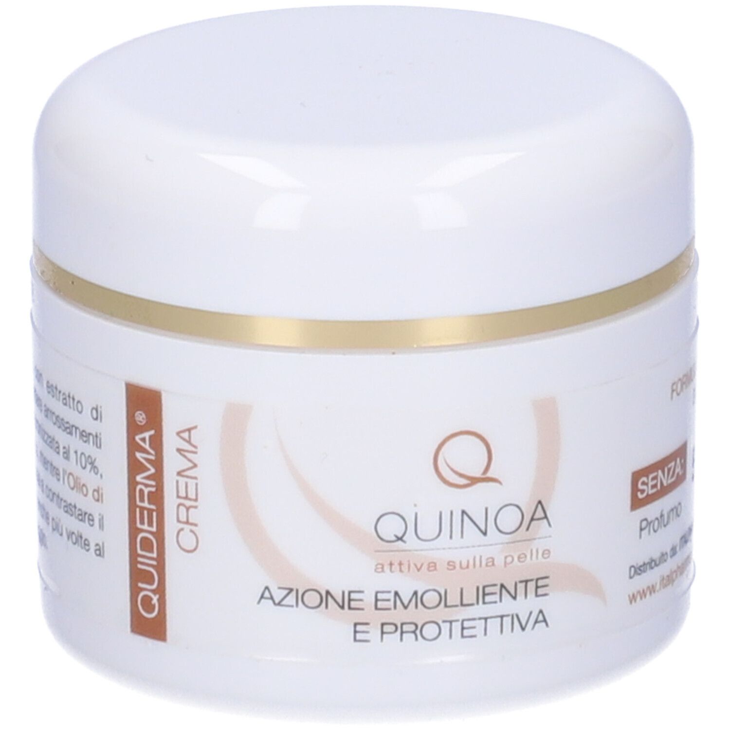 Vaso di crema bianco con bordo dorato. Scritta: Quinoa, Azione emolliente e protettiva. Senza profumo, 50 ml.
