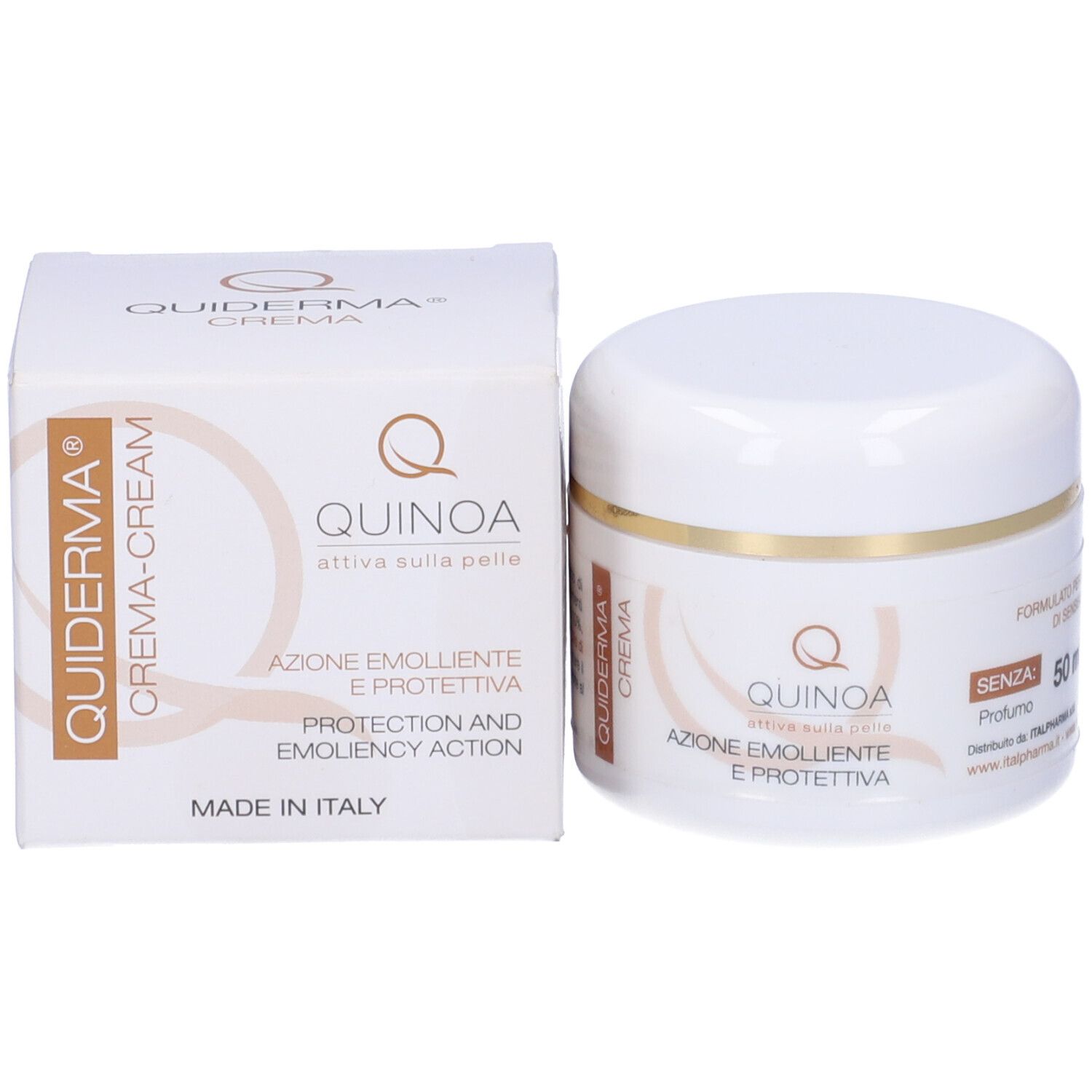 Vaso e scatola di crema. Scritta: Quiderma Crema-Cream, Azione emolliente e protettiva. Made in Italy.