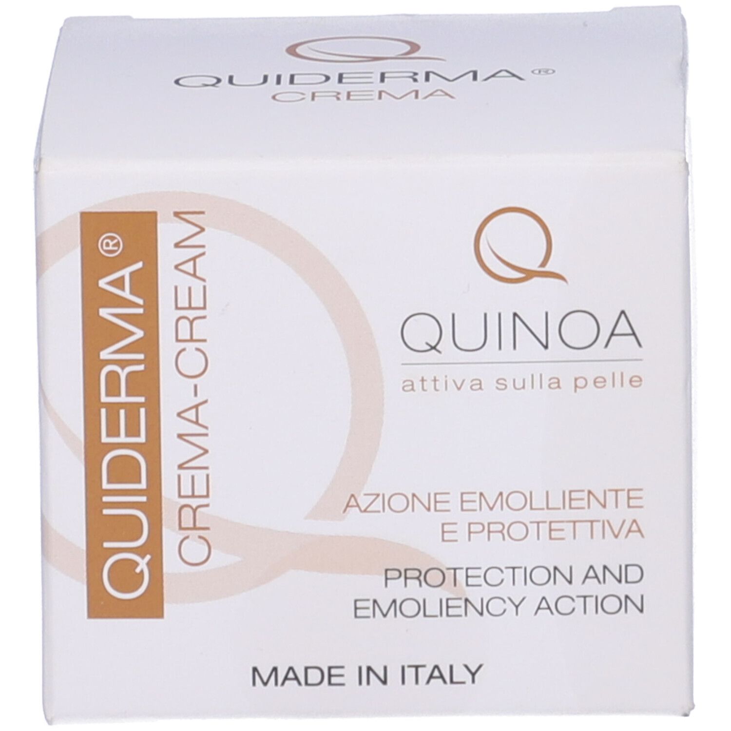 Scatola. Scritta: Quiderma Crema-Cream, Azione emolliente e protettiva. Made in Italy.