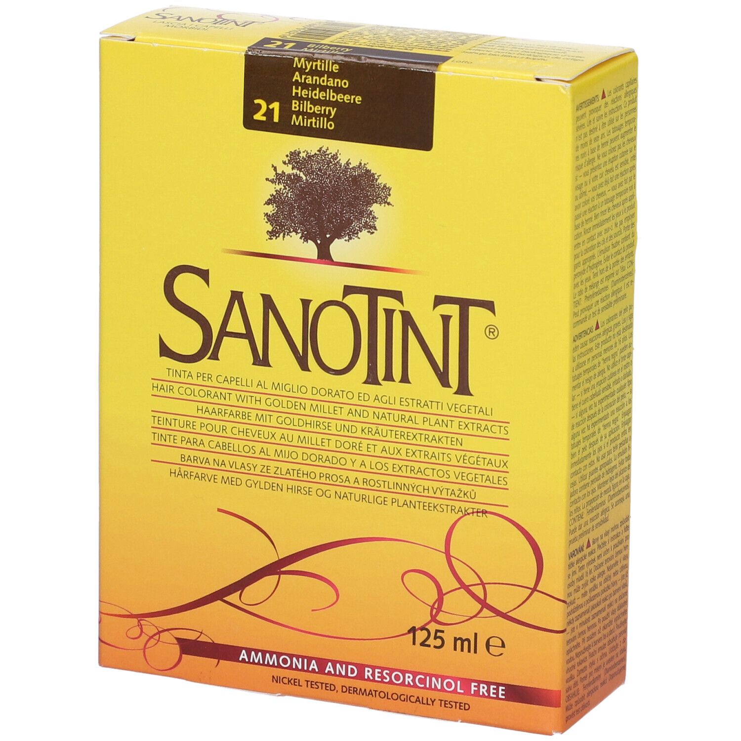 Scatola gialla con logo Sanotint e informazioni sul prodotto. Contiene testo in più lingue. 125 ml.