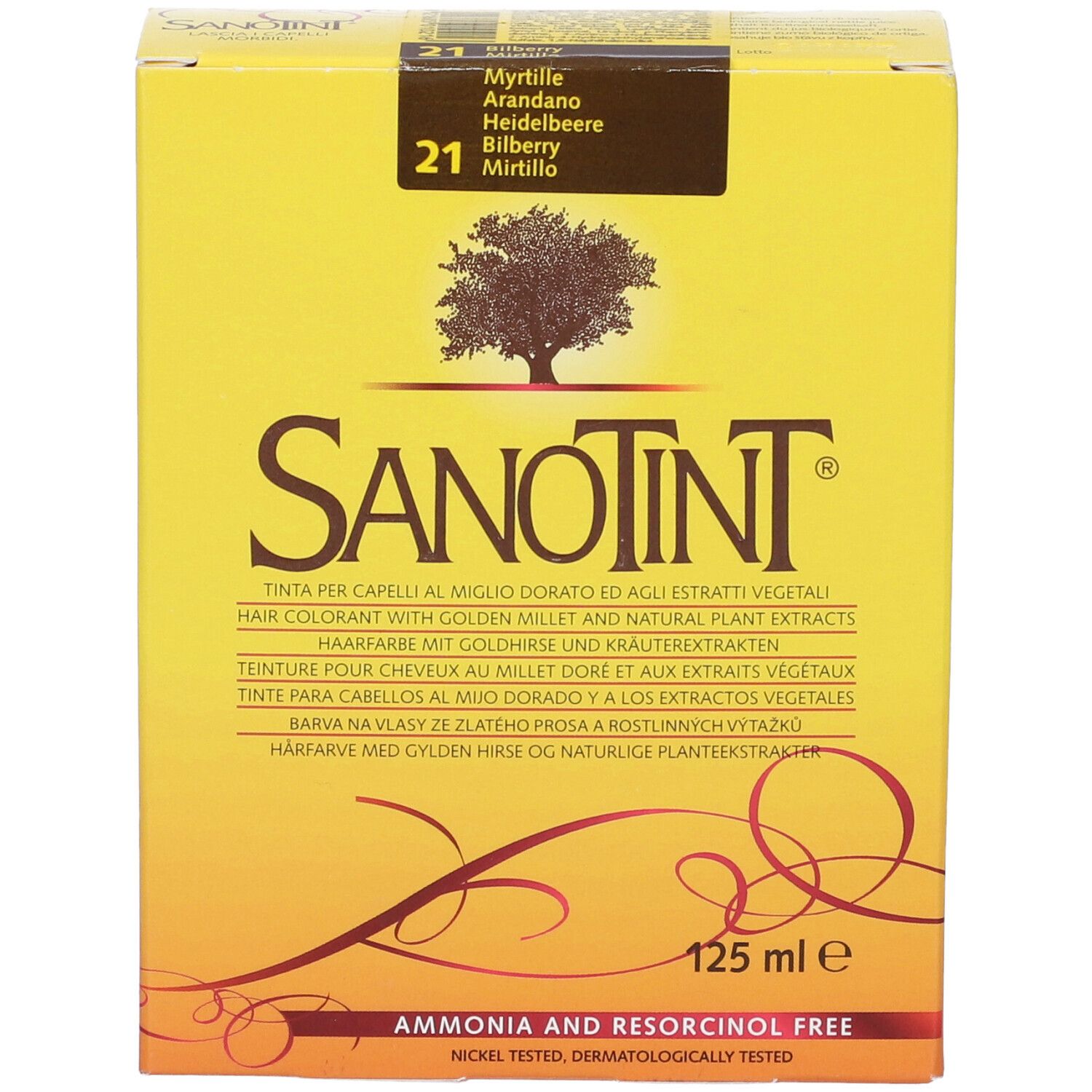 Scatola gialla con logo Sanotint e informazioni sul prodotto. Contiene testo in più lingue. 125 ml.