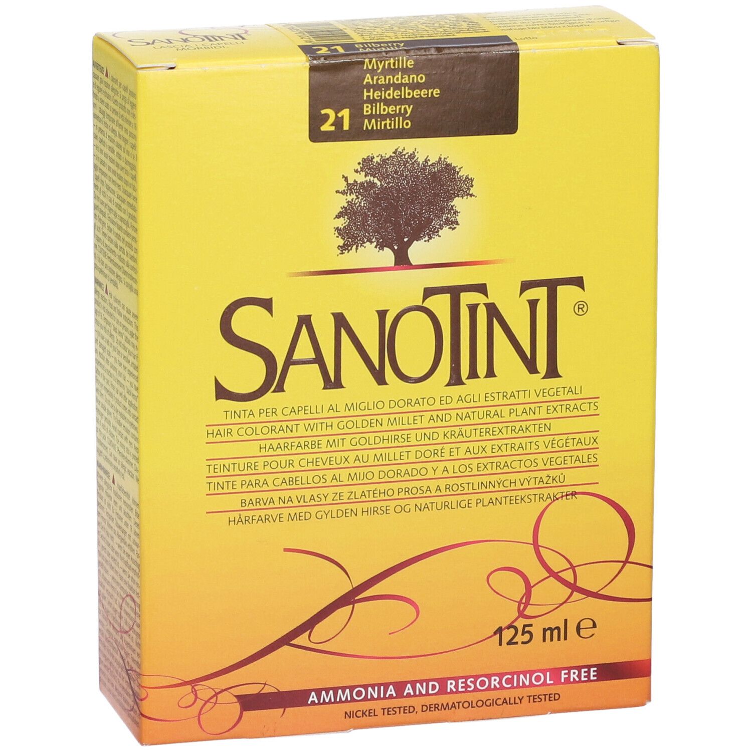Scatola gialla con logo Sanotint e informazioni sul prodotto. Contiene testo in più lingue. 125 ml.