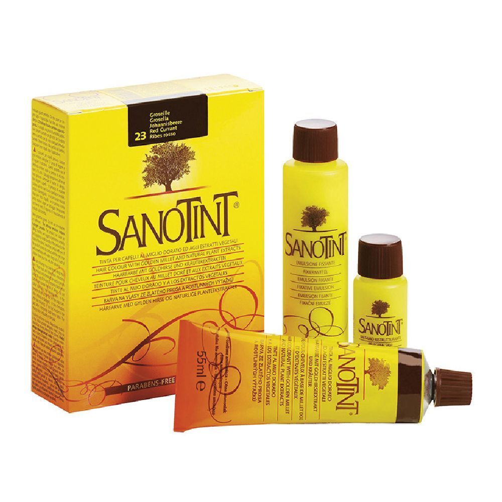 Set di tintura per capelli Sanotint. Include flaconi e un tubetto. Confezione gialla con nome e logo del prodotto.