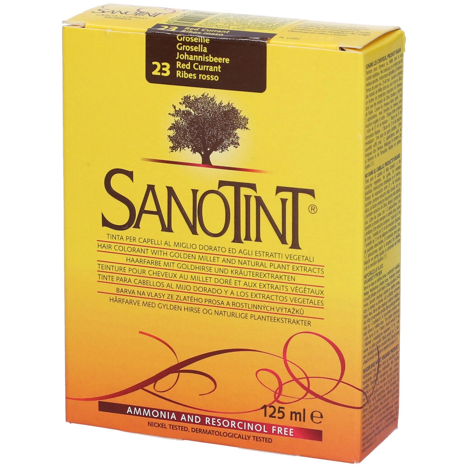 Scatola di tintura per capelli Sanotint. Scatola gialla con nome, logo e informazioni. Contiene 125 ml.