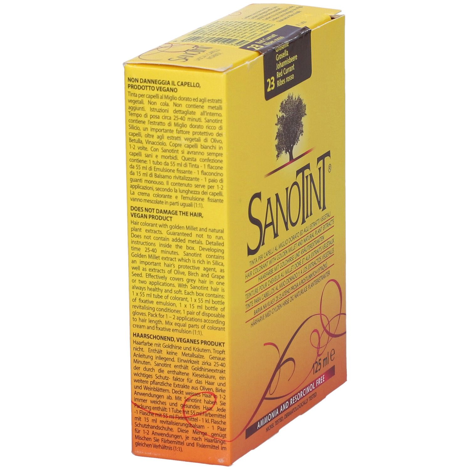 Scatola di tintura per capelli Sanotint. Scatola gialla con nome, logo e informazioni. Vista laterale.