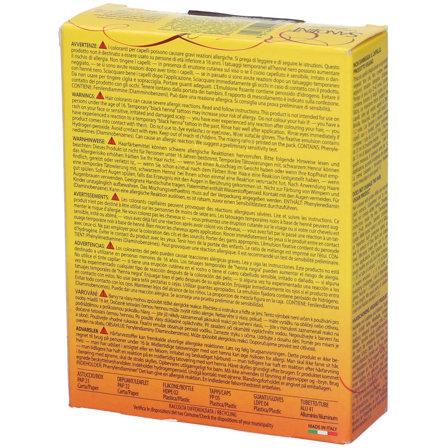 Retro della scatola di tintura per capelli Sanotint. Scatola gialla con testo e avvertenze. Multilingue.