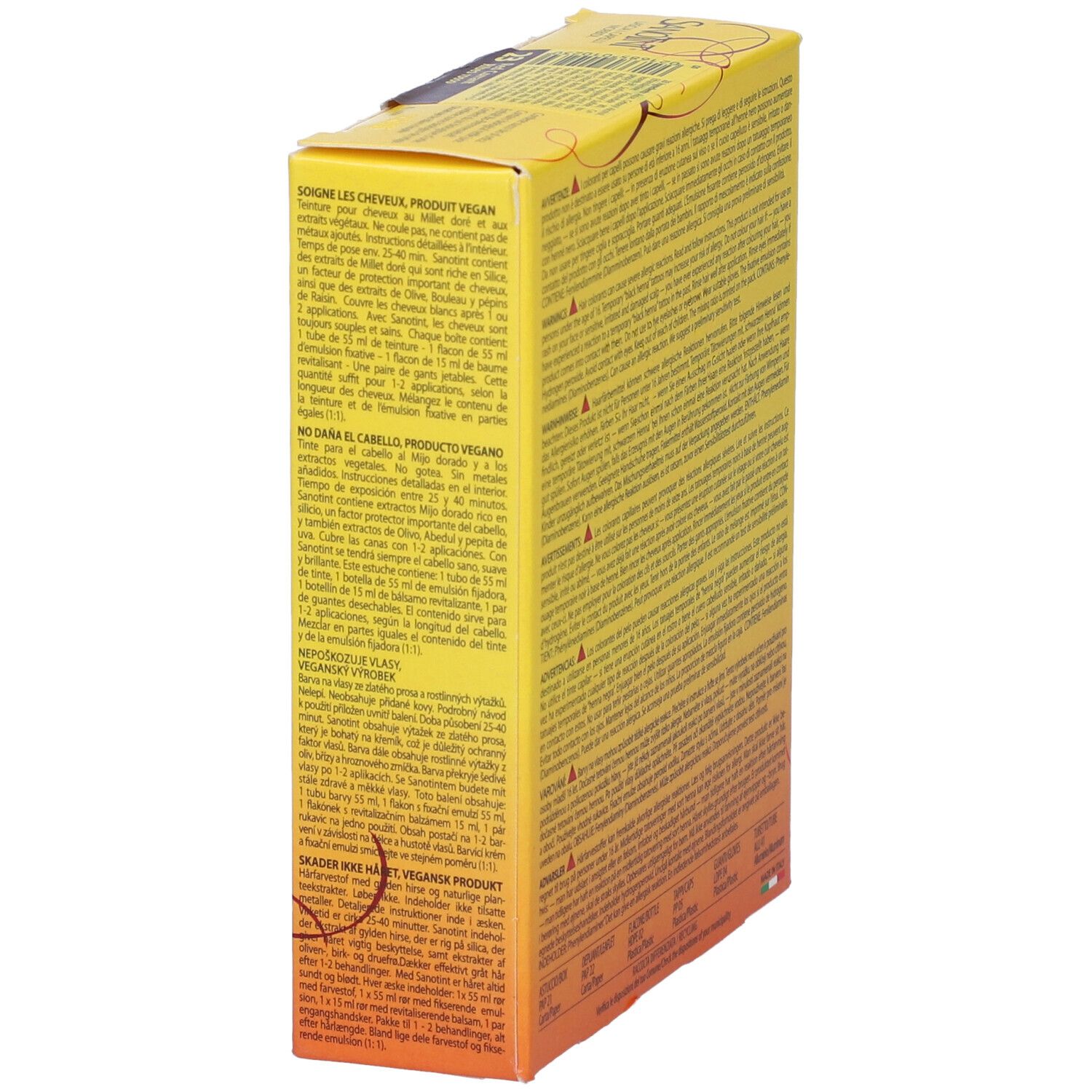 Vista laterale della scatola di tintura per capelli Sanotint. Scatola gialla con testo e informazioni. Multilingue.