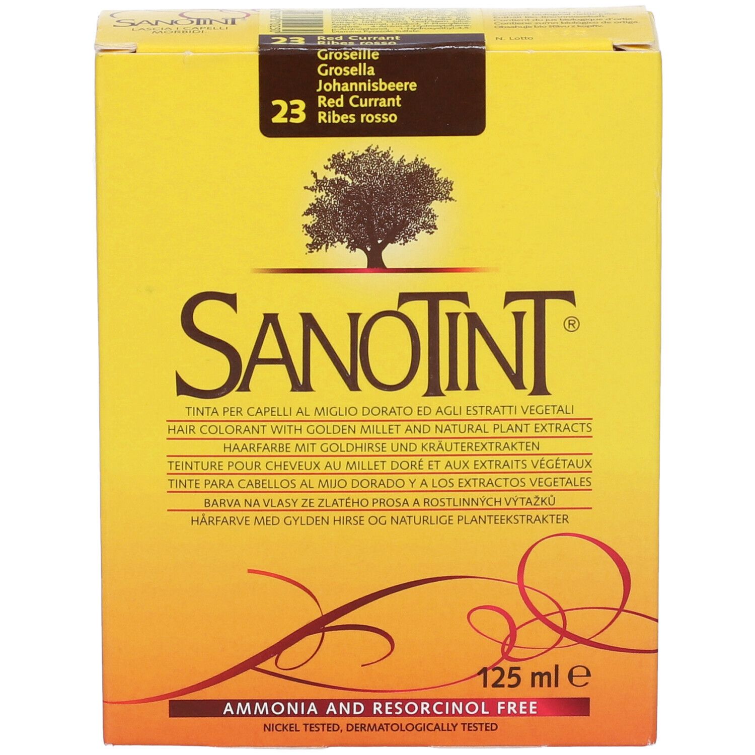 Scatola di tintura per capelli Sanotint. Scatola gialla con nome, logo e informazioni. Contiene 125 ml.