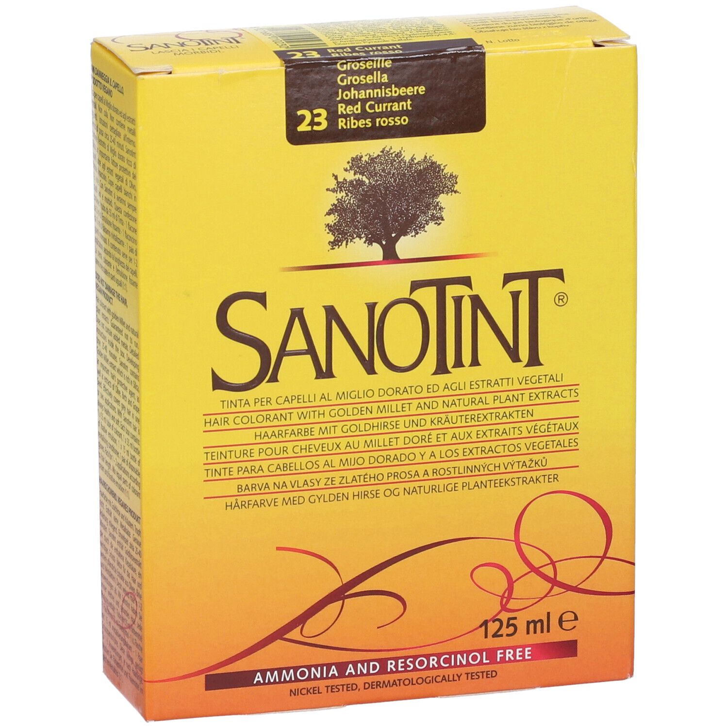 Scatola di tintura per capelli Sanotint. Scatola gialla con nome, logo e informazioni. Vista obliqua.