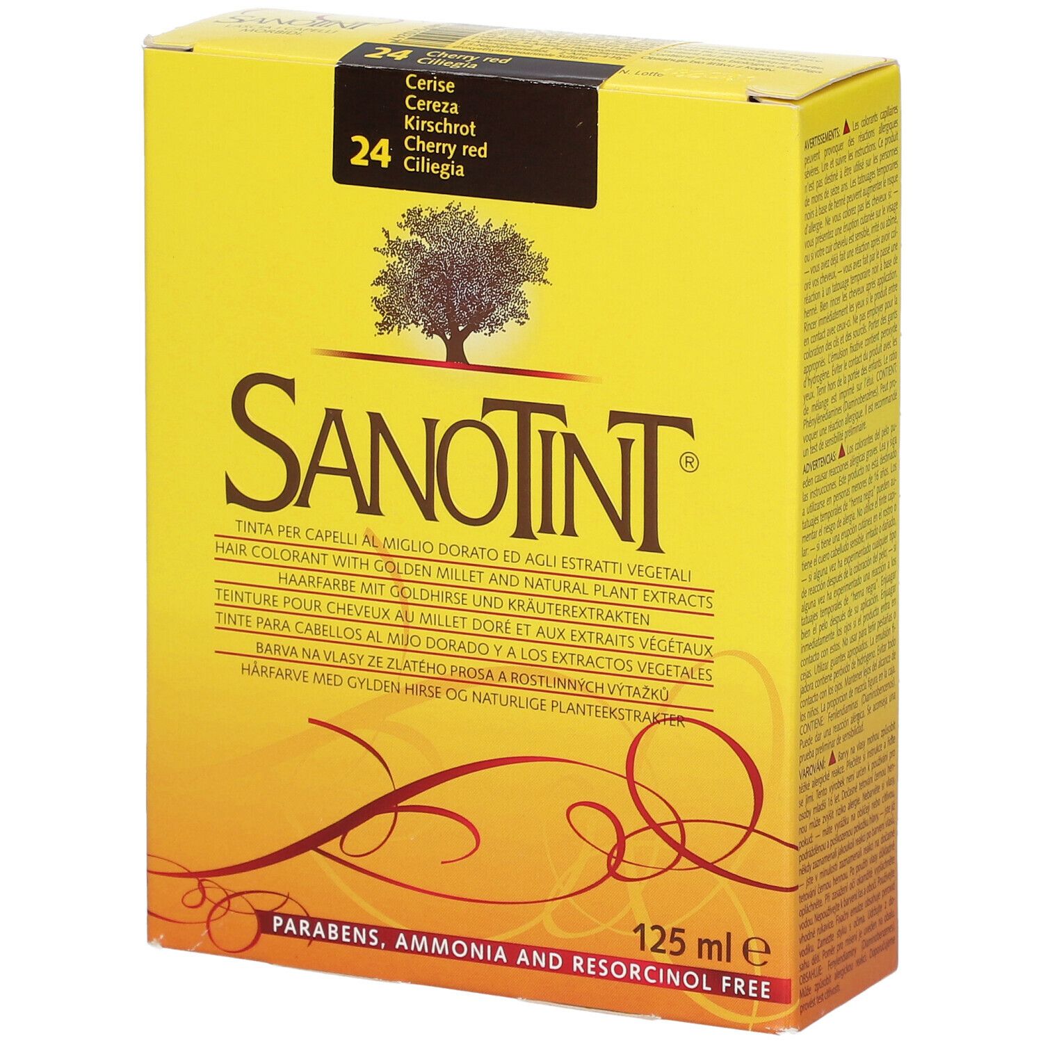 SANOTINT® Kirsche Nr. 24. Scatola gialla con informazioni prodotto. 125 ml. Senza parabeni, ammoniaca e resorcina.