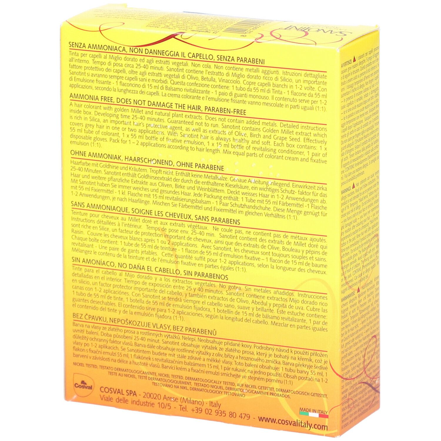 SANOTINT® Kirsche Nr. 24. Retro della scatola gialla con testo. Senza ammoniaca, senza parabeni.
