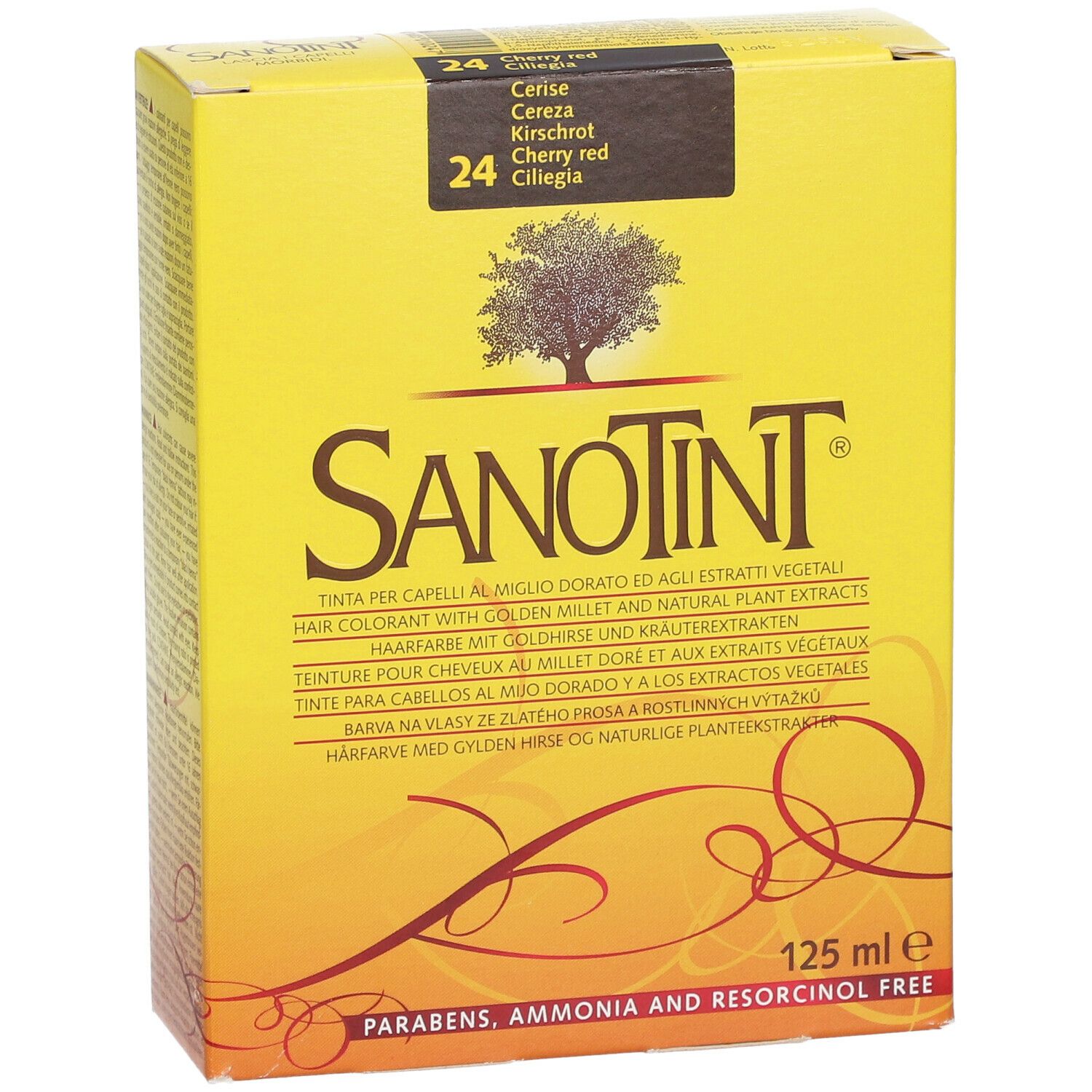 SANOTINT® Kirsche Nr. 24. Scatola gialla, leggermente angolata. 125 ml. Senza parabeni, ammoniaca e resorcina.