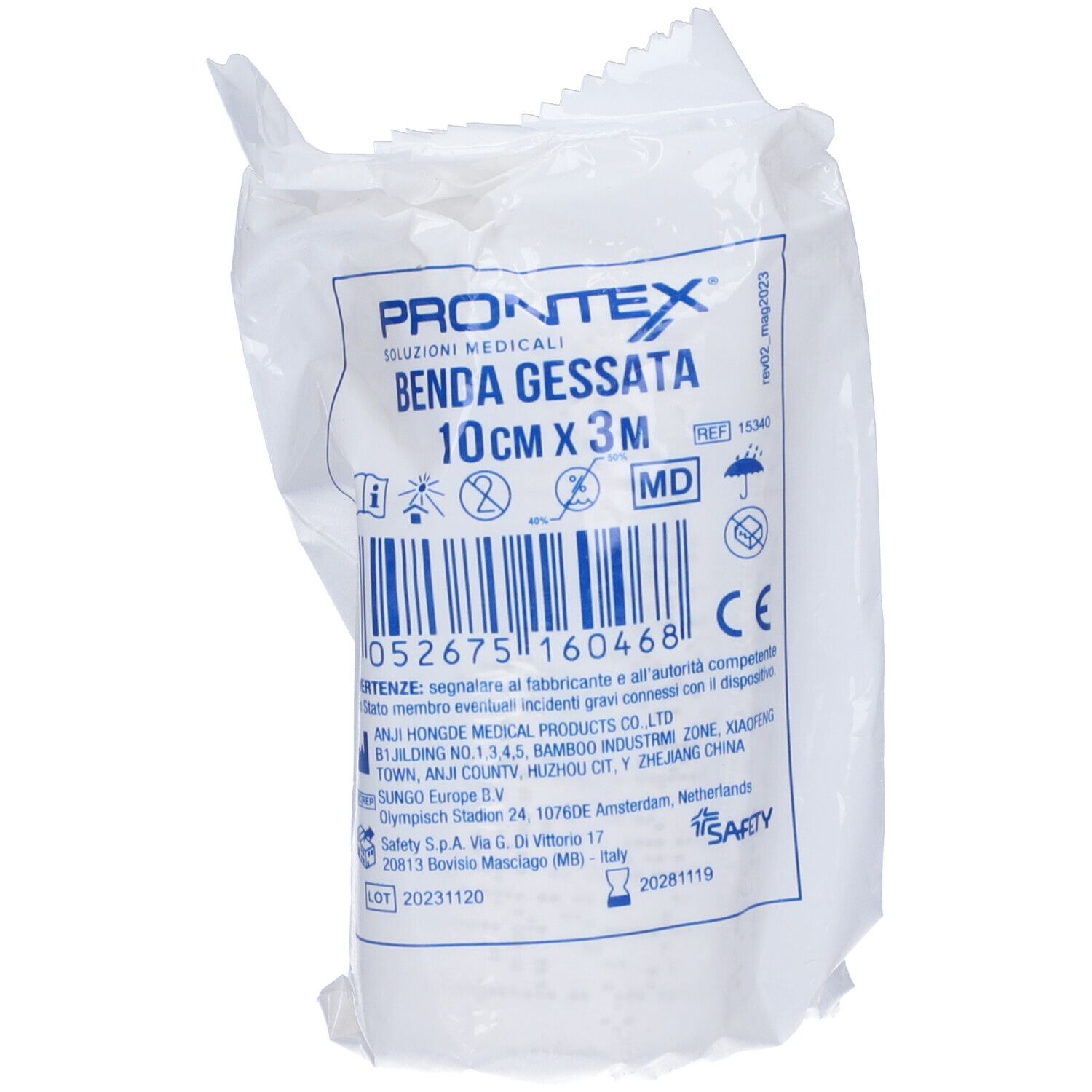 Confezione con informazioni sul prodotto. Testo: Prontex, Benda Gessata 10cm x 3m. Codice a barre e dettagli.
