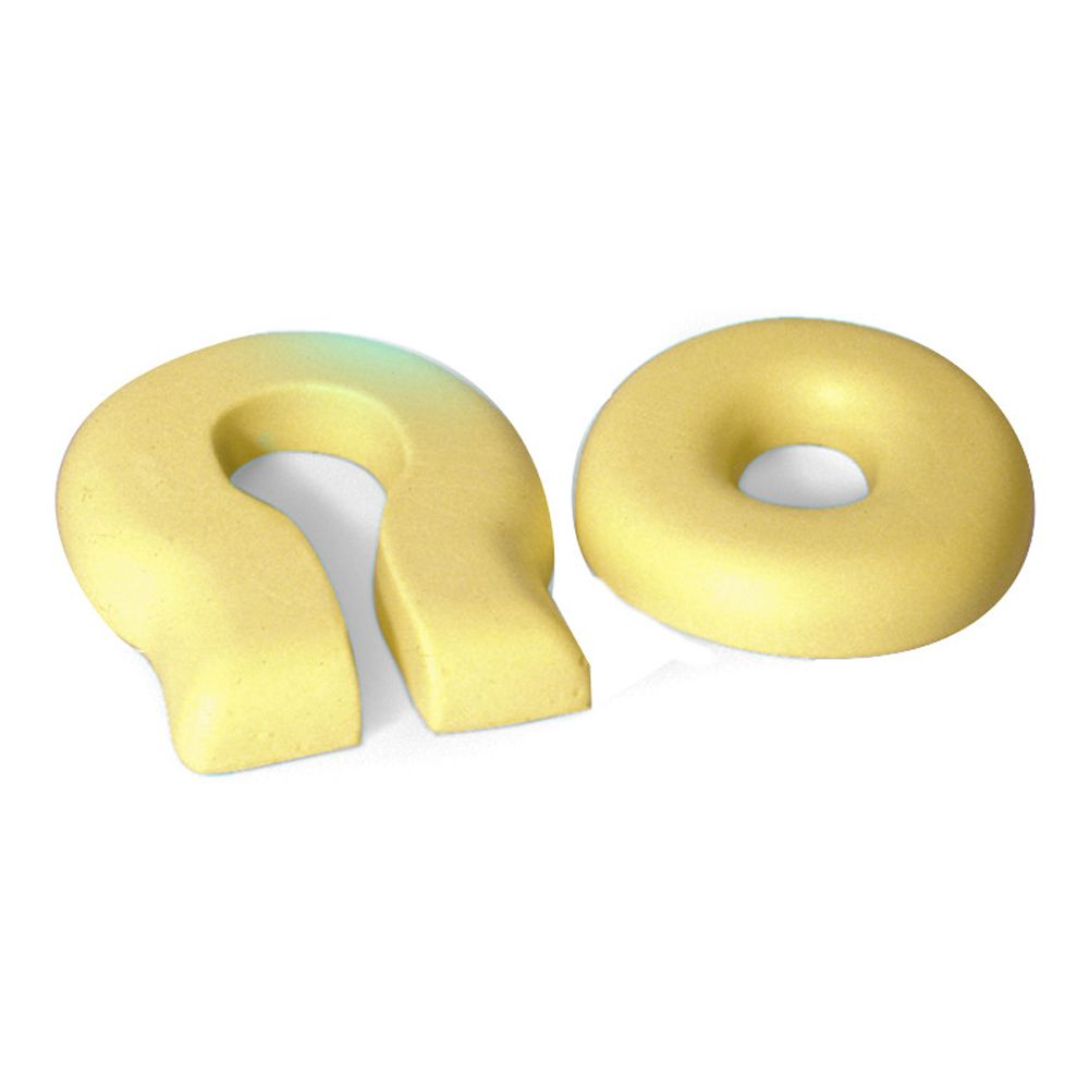 Due cuscinetti in schiuma gialla, uno a forma di U, uno circolare.
