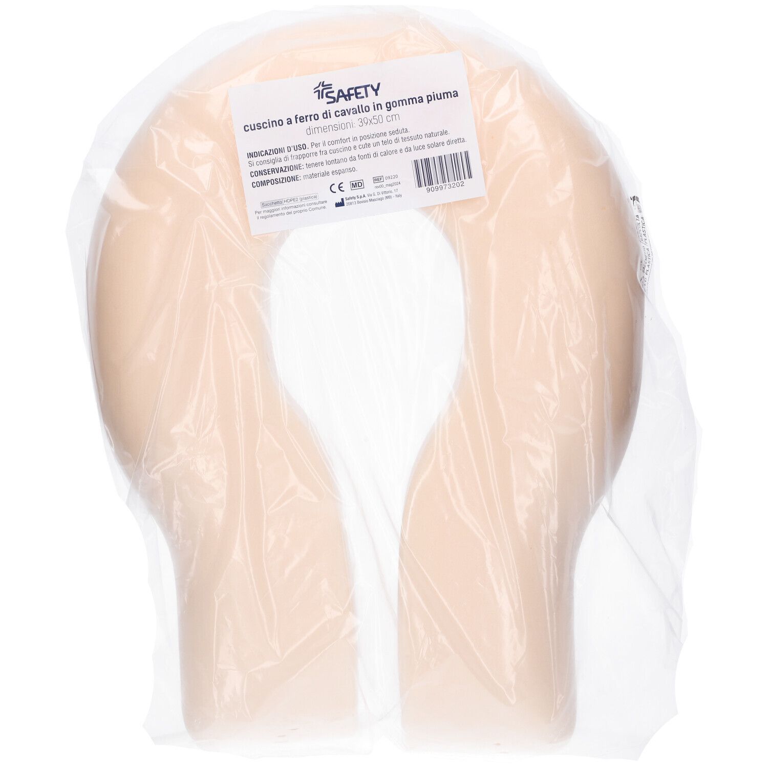 Cuscino a ferro di cavallo in confezione di plastica. Beige. Con etichetta. Marchio SAFETY. Dimensioni 36x30 cm.