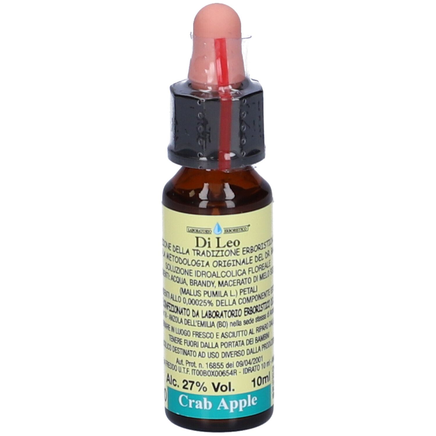 Flacone di vetro marrone con contagocce. Etichetta: Crab Apple, 10ml, 27% Vol. Ingredienti e produttore visibili.