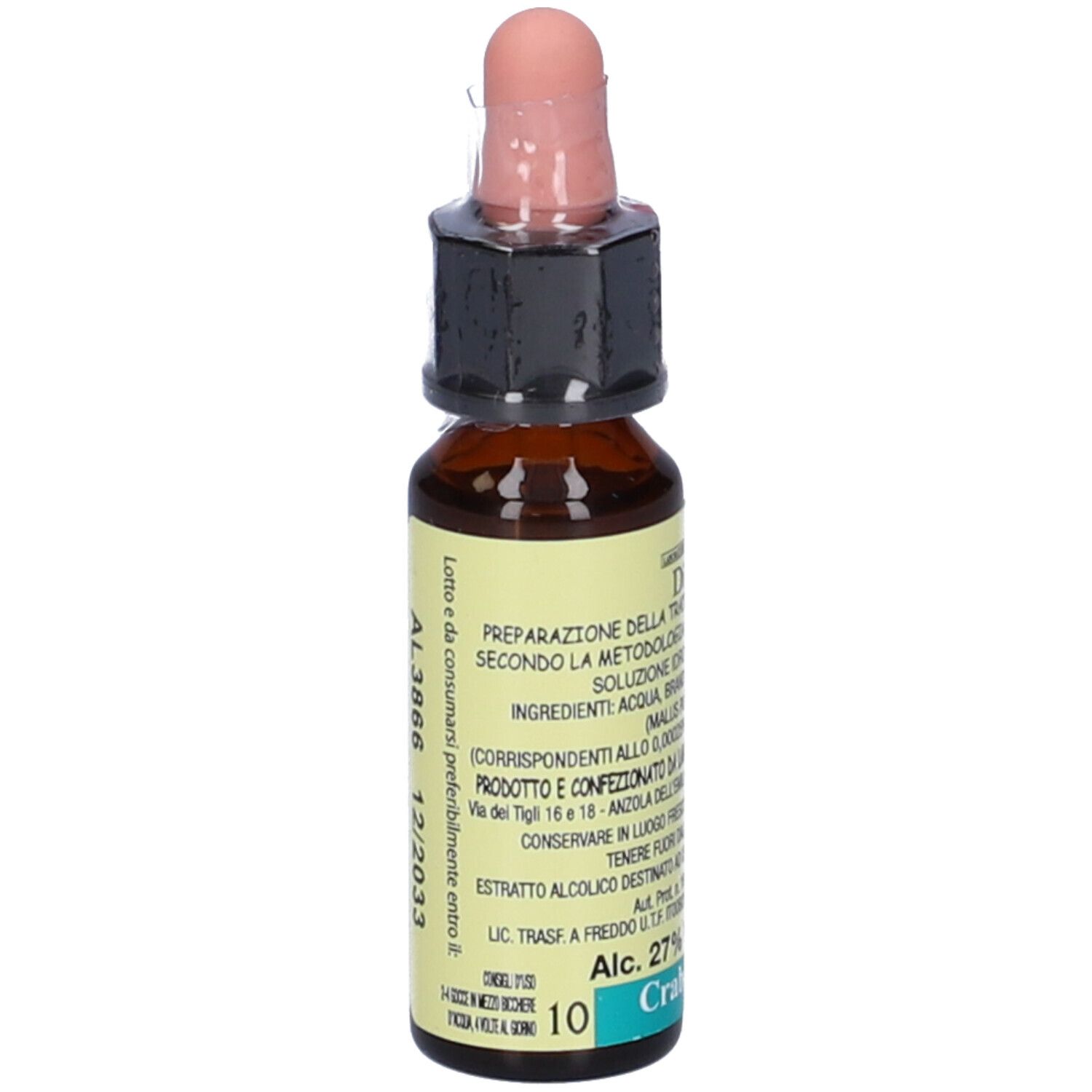 Flacone di vetro marrone con contagocce. Etichetta: Crab Apple, 10ml, 27% Vol. Ingredienti e produttore visibili.