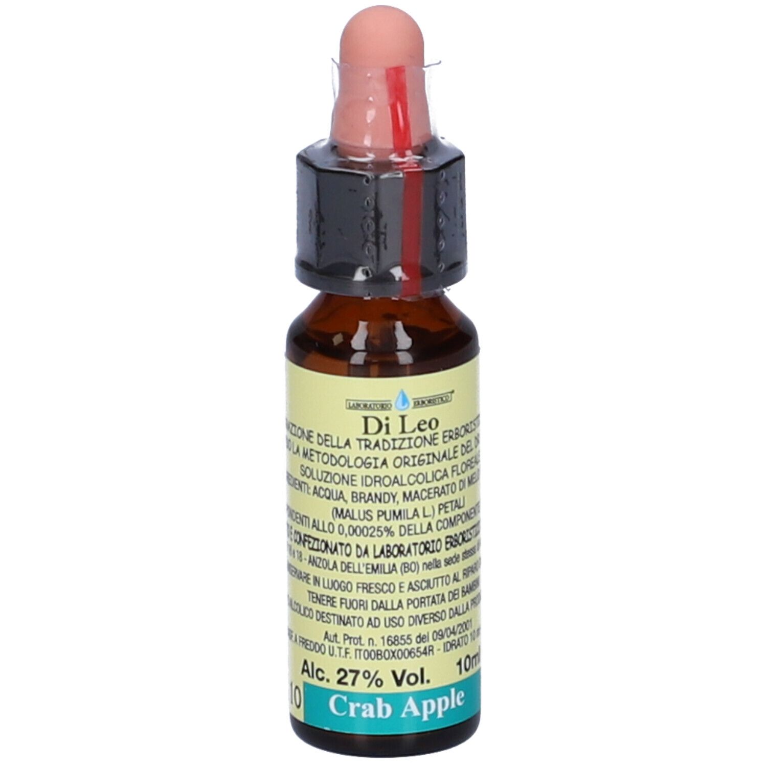 Flacone di vetro marrone con contagocce. Etichetta: Crab Apple, 10ml, 27% Vol. Ingredienti e produttore visibili.