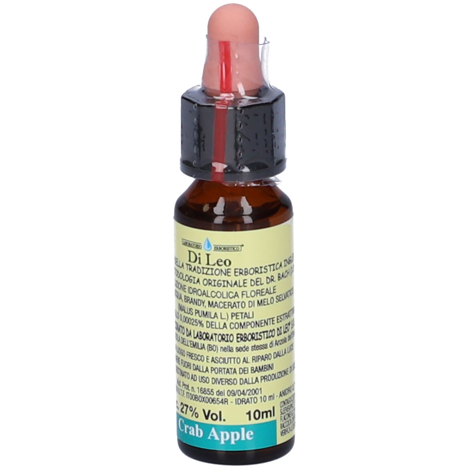Flacone di vetro marrone con contagocce. Etichetta: Crab Apple, 10ml, 27% Vol. Ingredienti e produttore visibili.