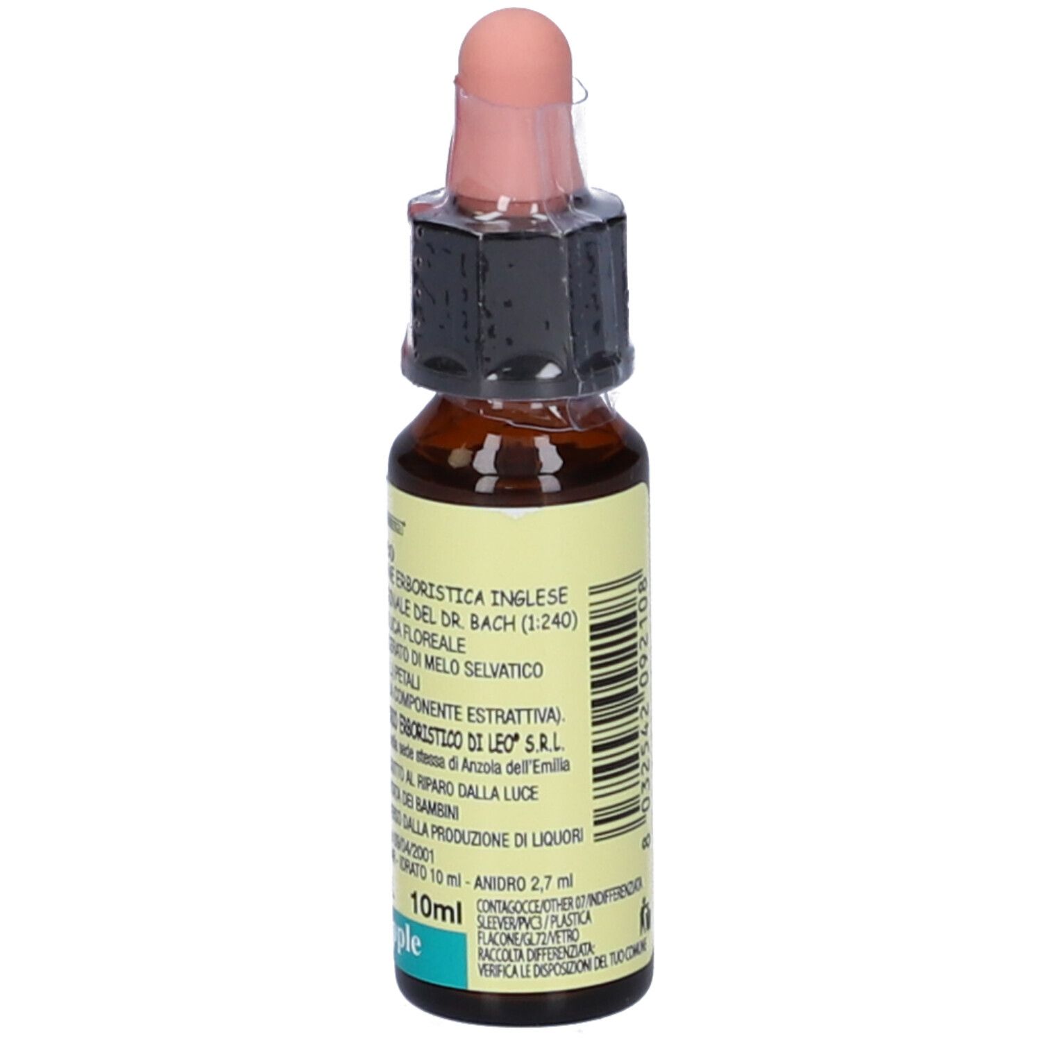 Flacone di vetro marrone con contagocce. Etichetta: Crab Apple, 10ml, 27% Vol. Ingredienti e produttore visibili.