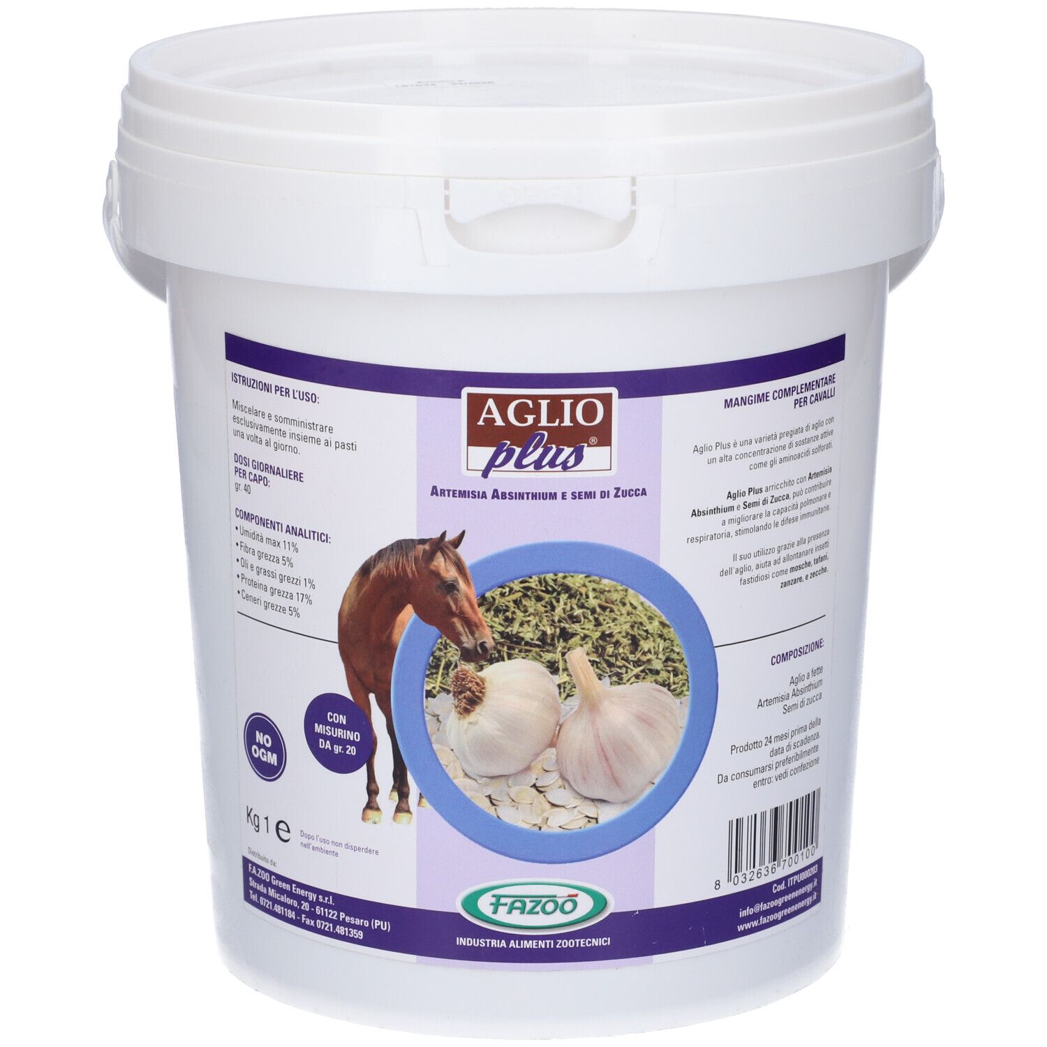 Secchio bianco con coperchio. Etichetta con nome prodotto, aglio e cavallo. Testo: Aglio Plus, Artemisia Absinthium e semi di Zucca.