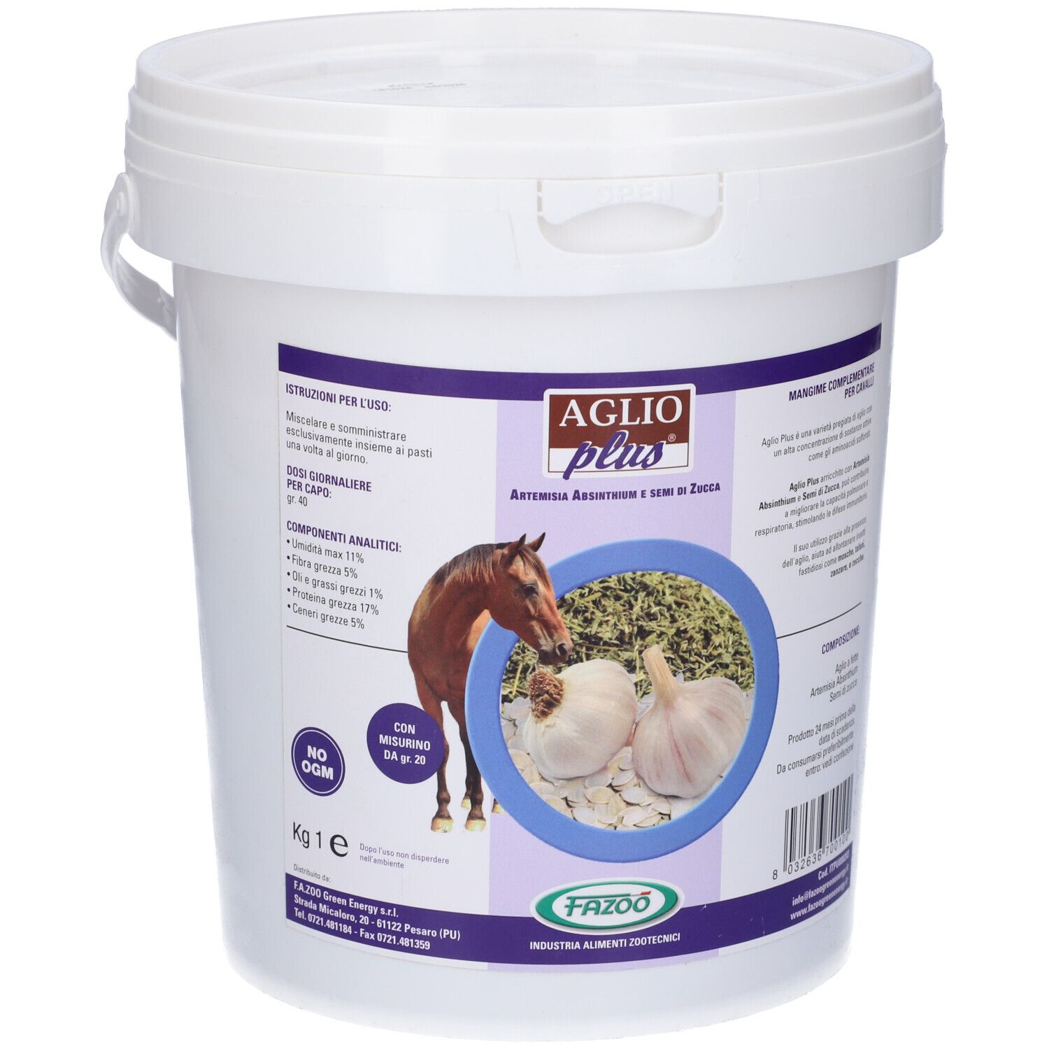 Secchio bianco con coperchio. Etichetta con nome prodotto, aglio e cavallo. Testo: Aglio Plus, 1 kg.