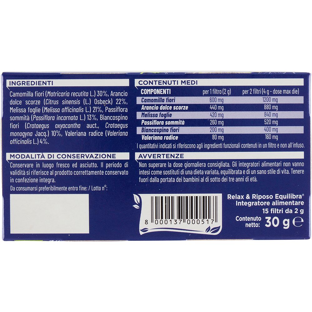 Retro della confezione con ingredienti, informazioni nutrizionali e avvertenze. Contiene 15 filtri.