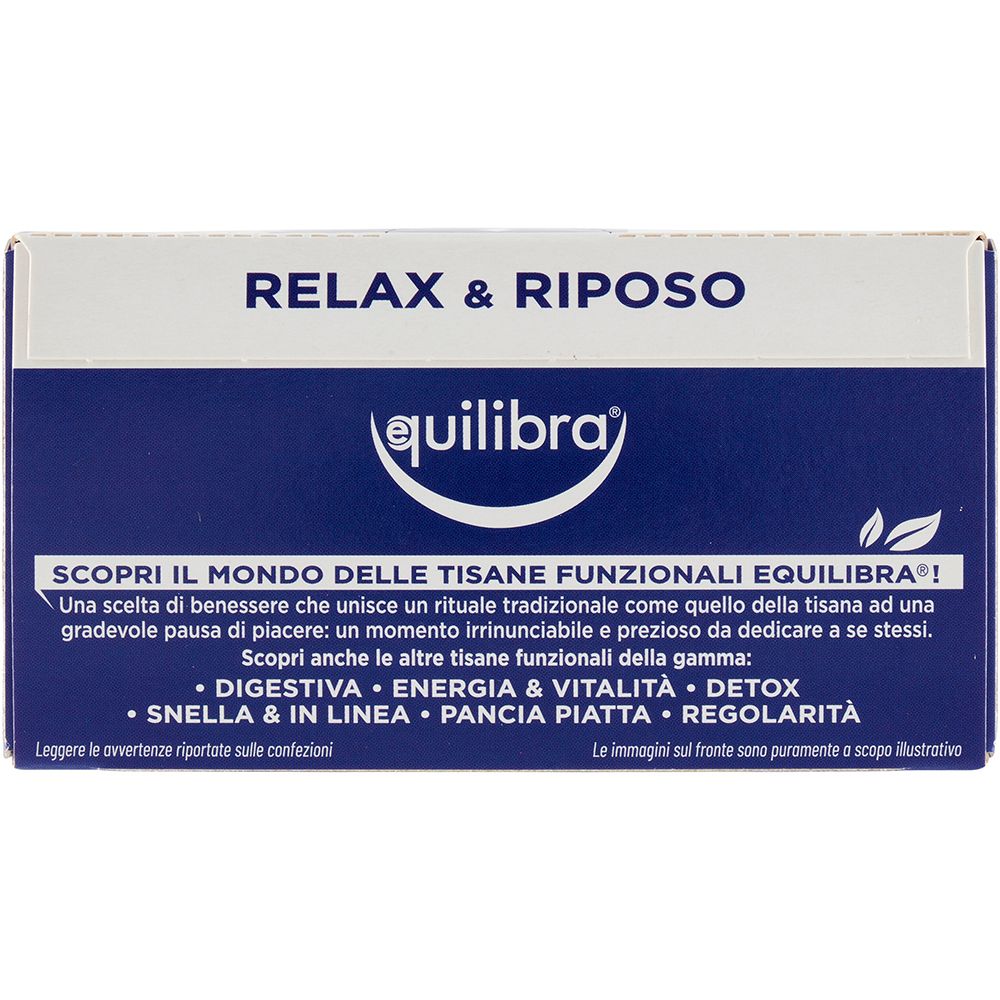 Parte superiore della confezione con 'Relax & Riposo' e 'Equilibra'. Contiene informazioni su altre tisane.
